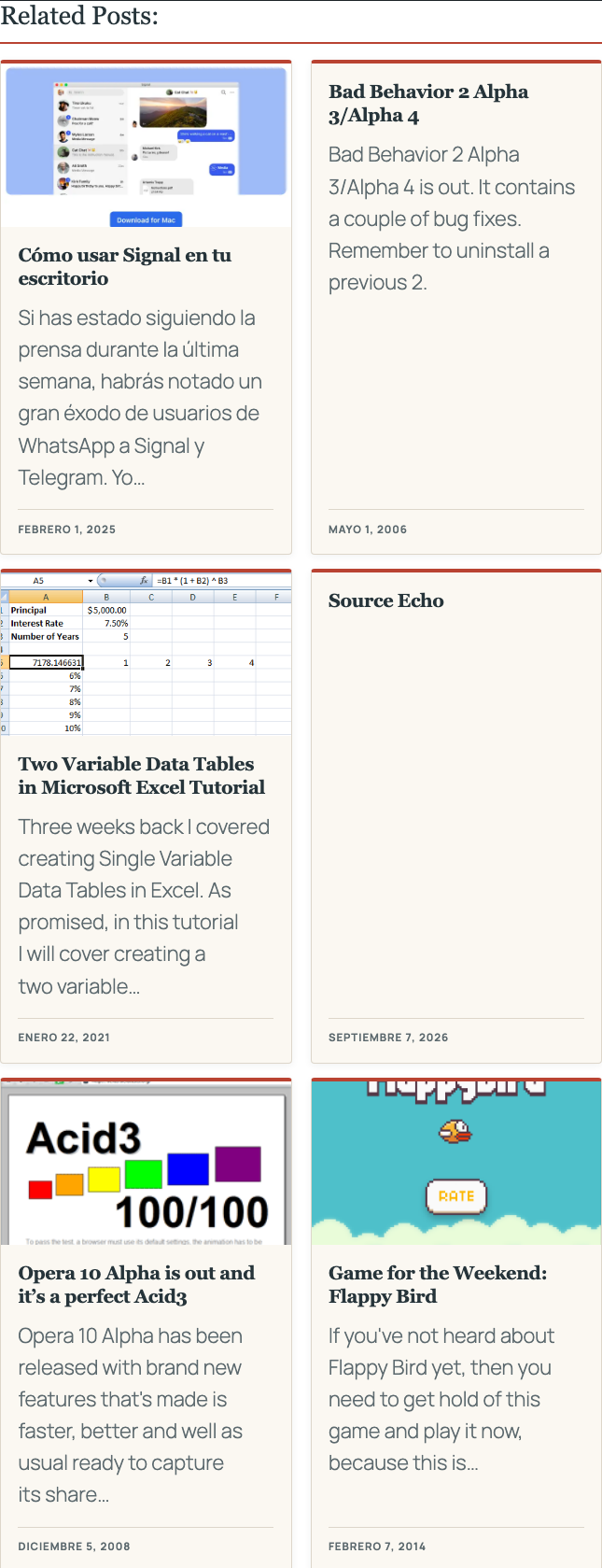 Two-column related-post card grid with featured images, excerpts, and publication dates.