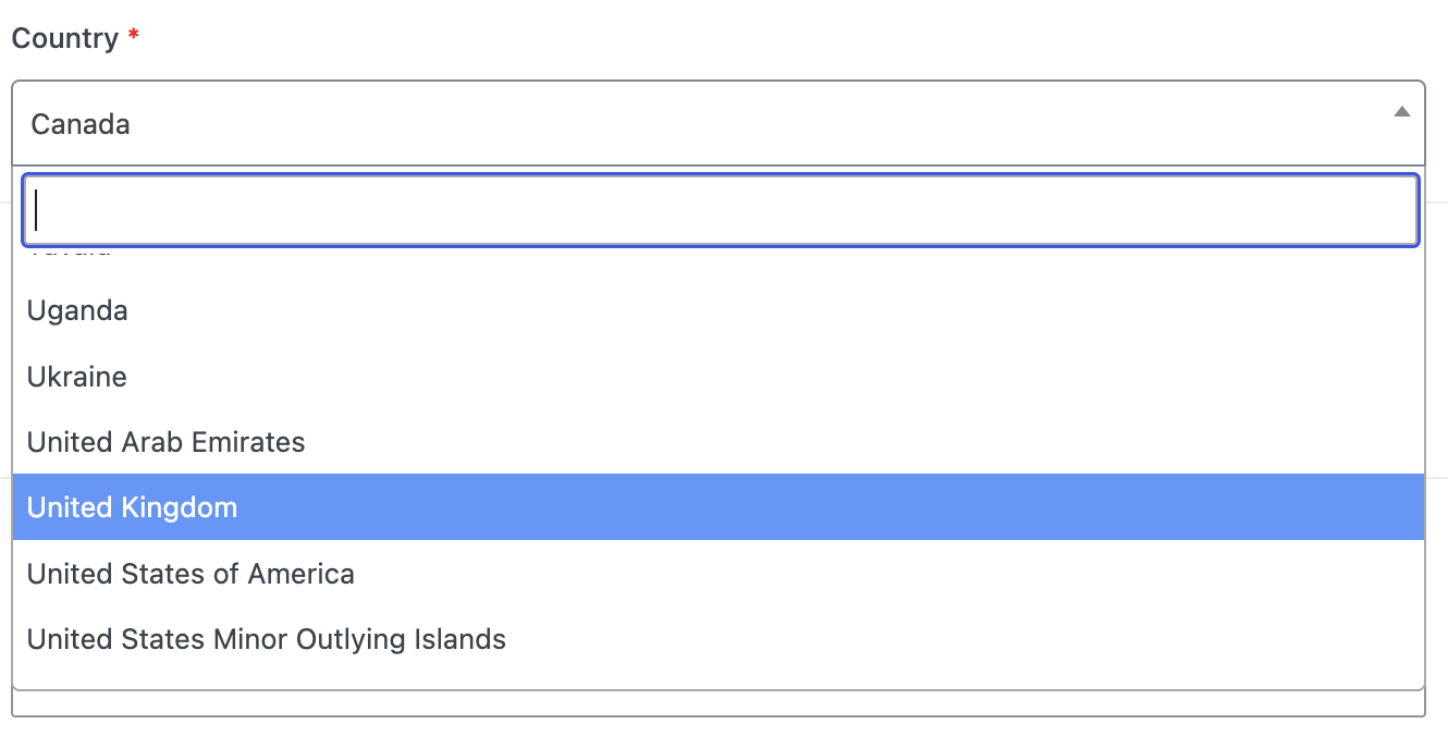 The Country field as it appears on an ACF-powered edit screen: Canada selected, with the searchable dropdown open over the rest of the country list