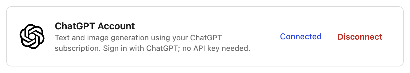 The ChatGPT Account card on the WordPress Settings → Connectors screen, showing it connected with a Disconnect button