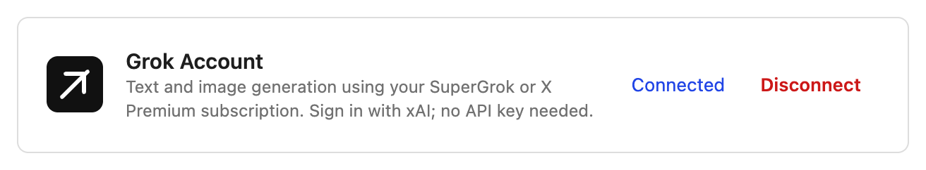 The Grok Account card on the WordPress Settings → Connectors screen, showing it connected with a Disconnect button